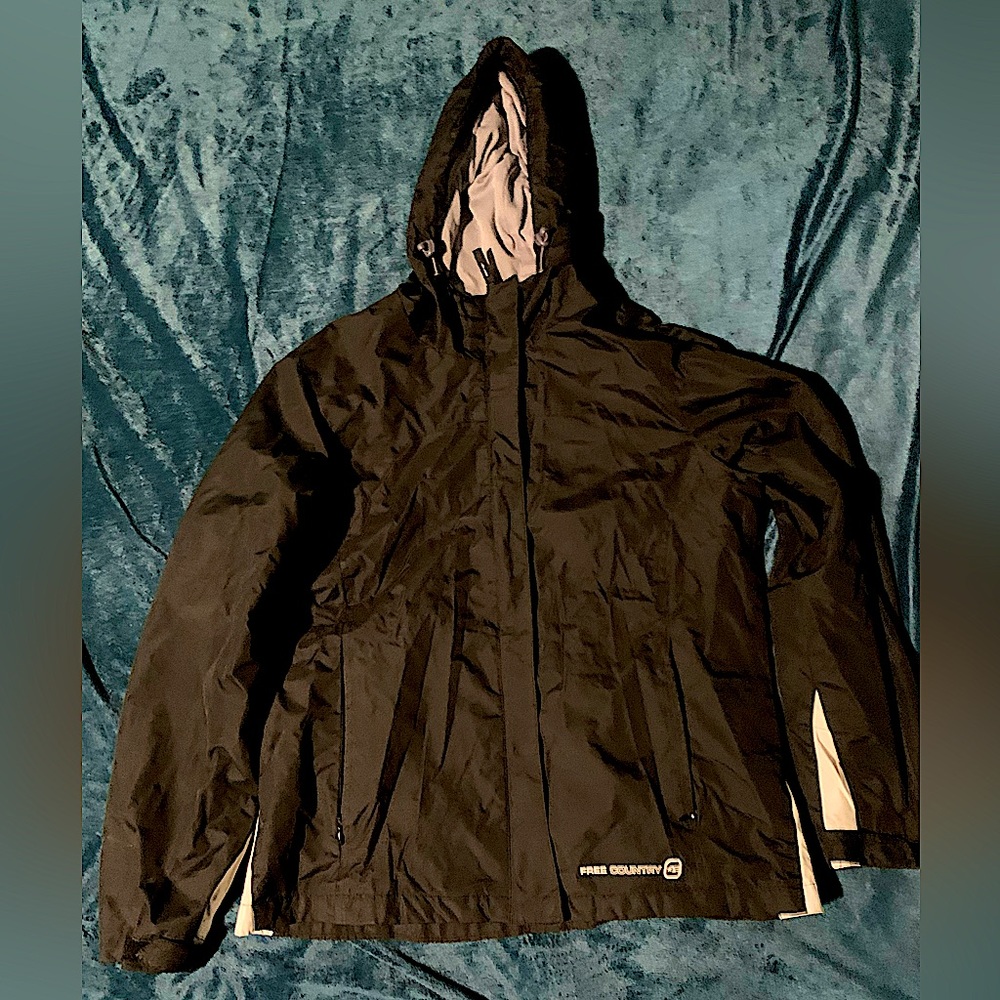 a black rain coat / windbreaker